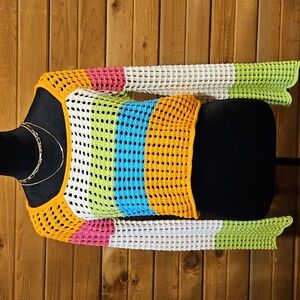 Crochet Long Sleeve Cropped Multicolor Sweater Top XS Relaxed Fit